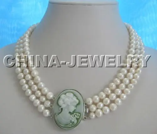 

Free shipping >>>>>17-19" 3row natural WHITE 8mm freshwater pearl necklace-cameo clasp