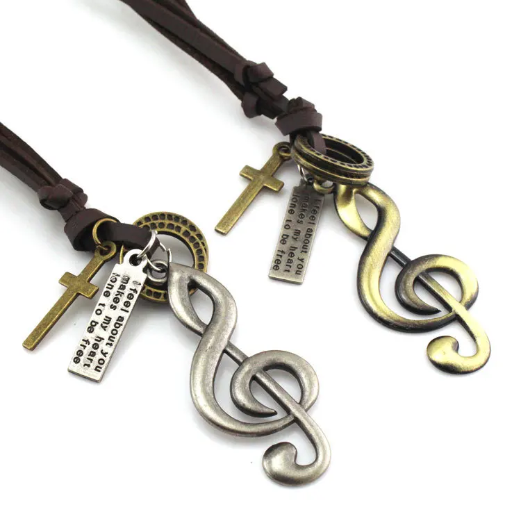 

Vintage Style Retro Cute Small Metal Note Music Bronze Sliver Pendant Necklace Women Men Girl Long Leather Chain Gothic Jewelry