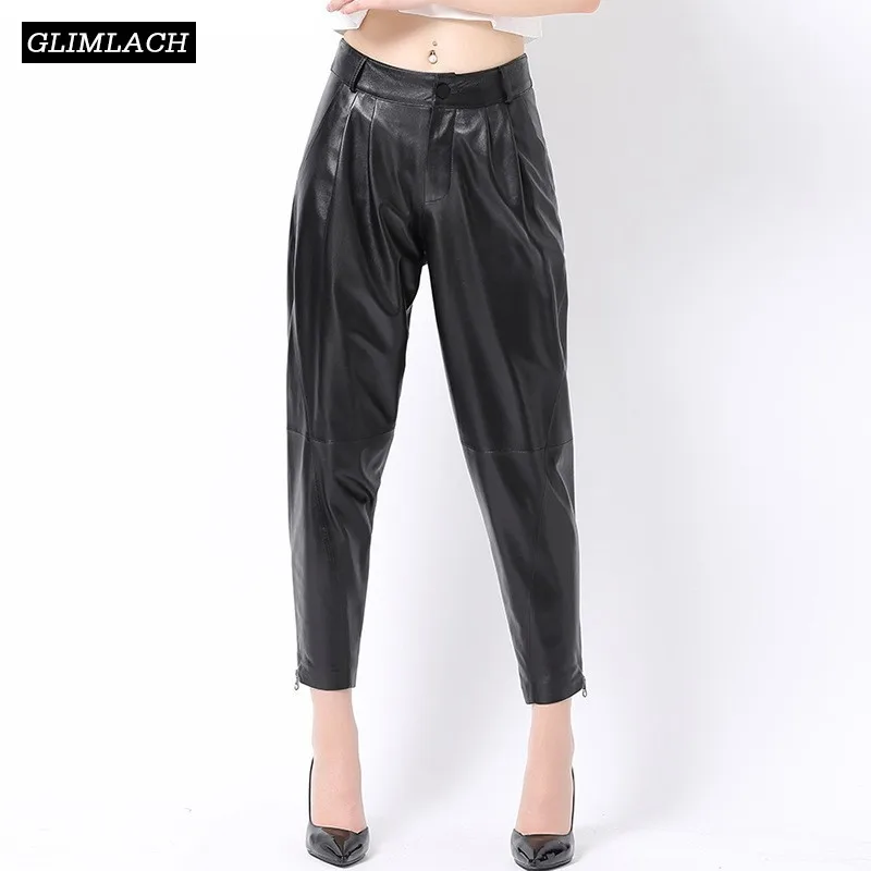 

Black Genuine Leather Trousers Women Sheepskin Real Leather Harem Pants Lady Luxury Boyfriend Style High Waist Pants Streetwear