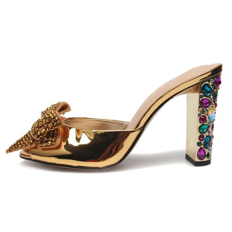 

Luxury Beading Bowtie Slippers Shoes Woman Patent Leather Colorful Rhinestone Gold High Heels Fashion Runway Slides