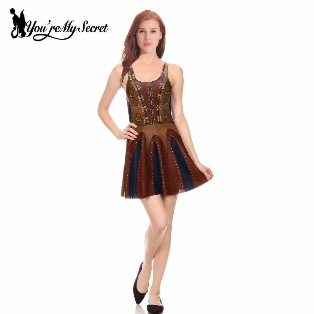 

[You're My Secret] Fashion Steampunk Tank Dress Leather Design Print Slim Pleated Dressed Basic Women Sexy O-Neck Clubwear 2021