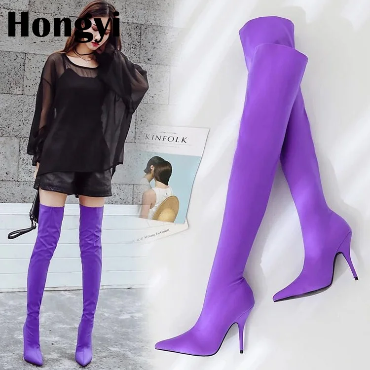 Winter New Arrive Shiny Satin Elastic Fabric Over The Knee Sock Boots Women Slim Fit Thin High Heel Long | Обувь