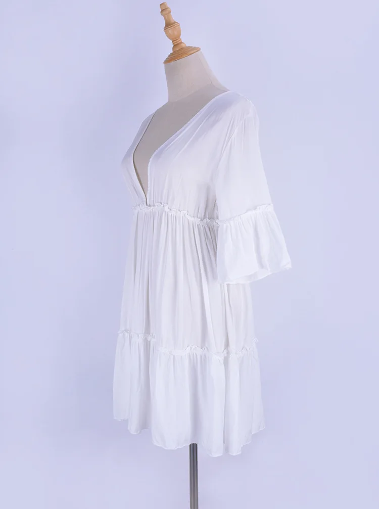 Deep V neck Beach Cover up Sarong White Cotton Beach Dress Tunic Bikini cover up Kaftan Beach Swimsuit cover up Saida de Praia-2