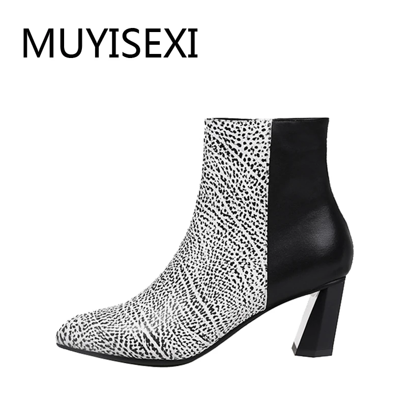 

Autumn Boots Zipper Women Ankle 6 cm High Heels Genuine Leather Shoes Black White Fashion Shoes X055 MUYISEXI