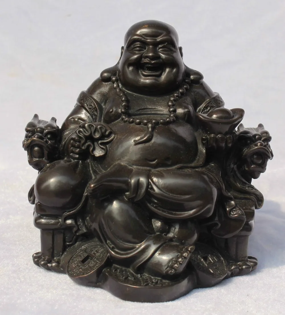 

[old craft ] Chinese Buddhism Bronze Seat Dragon Happy Laugh Maitreya Buddha Yuanbao Statue