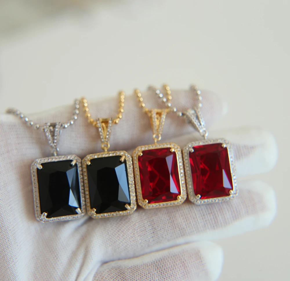 Мужское модное ожерелье с подвеской в стиле хип-хоп, золотого цвета, красного, черного цвета, с микро проложенным большим квадратным камнем, подвеска на цепочке, ожерелье