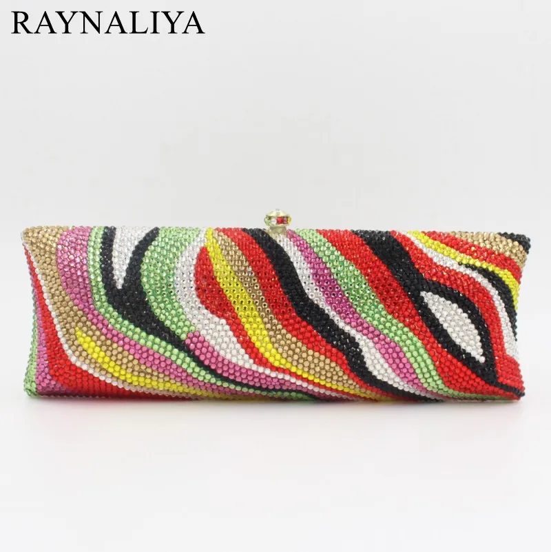 2017 Fashion High Quality Multicolor Striped Evening Bags Full Crystal