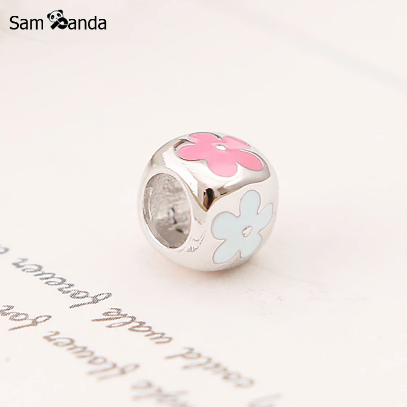 

100% 925 Sterling Silver Beads Charm Colorful Flower Square Dice Pendant Charms Fit Pandora Bracelets DIY Women Fashion Jewelry
