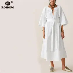ROHOPO Половина рукава белое миди платье с поясом мешковатое женское платье для сна прямое Свободное длинное Ночное платье Vestido # lt1985