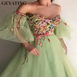 Светло-зеленый тюль Принцесса платья для выпускного вечера с рукавами от плеча 3D цветы Онлайн Длинные женские вечерние платья