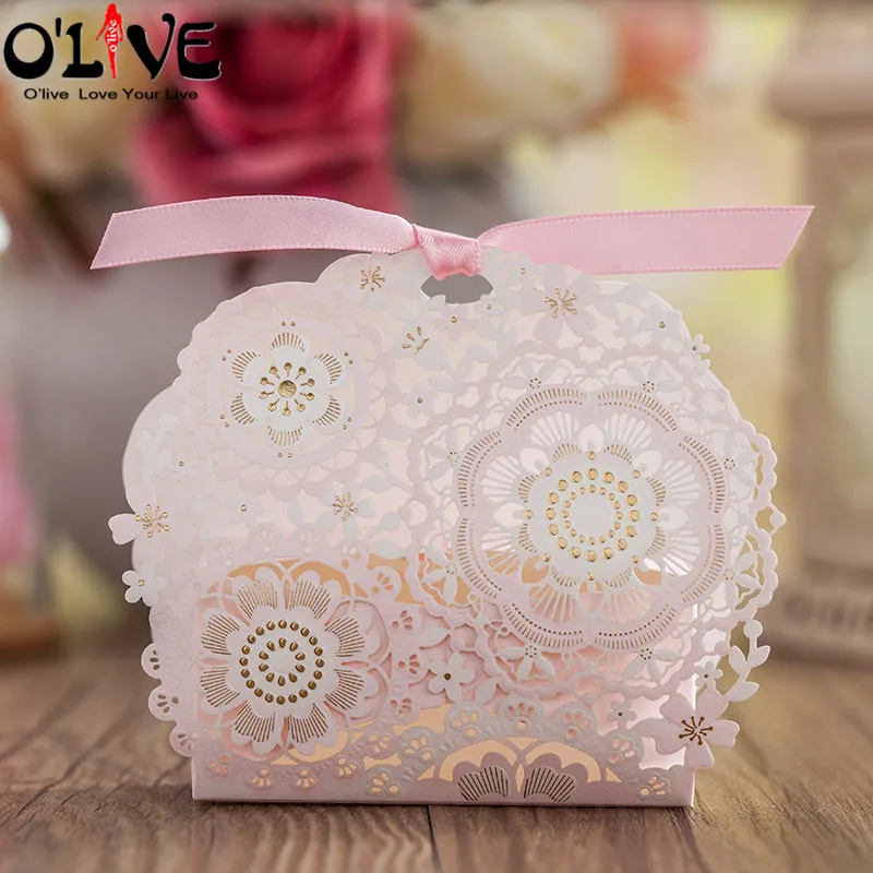 

50 Pcs Lace Candy Box Pink Babyshower Gift Box Chocolate Paper Wedding Party Favors Package Baptism Sugar Boxes Dragees Sweets