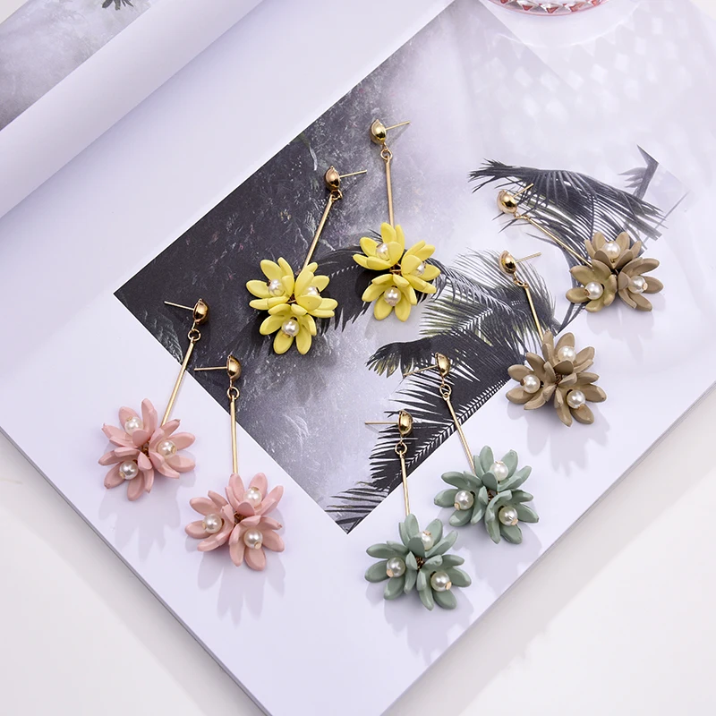 

Aiffry Korean Long Flower Pearl Tassel Dangle Earrings for Women 4 Color Pink Yellow Brown Fashion Bohemian Drop Earrings E2418