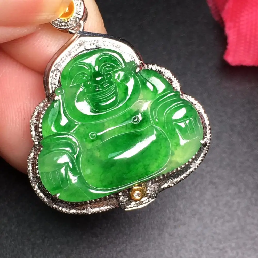 

706 Fine Jewelry Pure 18K White Gold Diamonds Burmes Origin Buddha Natural Green Jade Female's Women Pendants Necklaces
