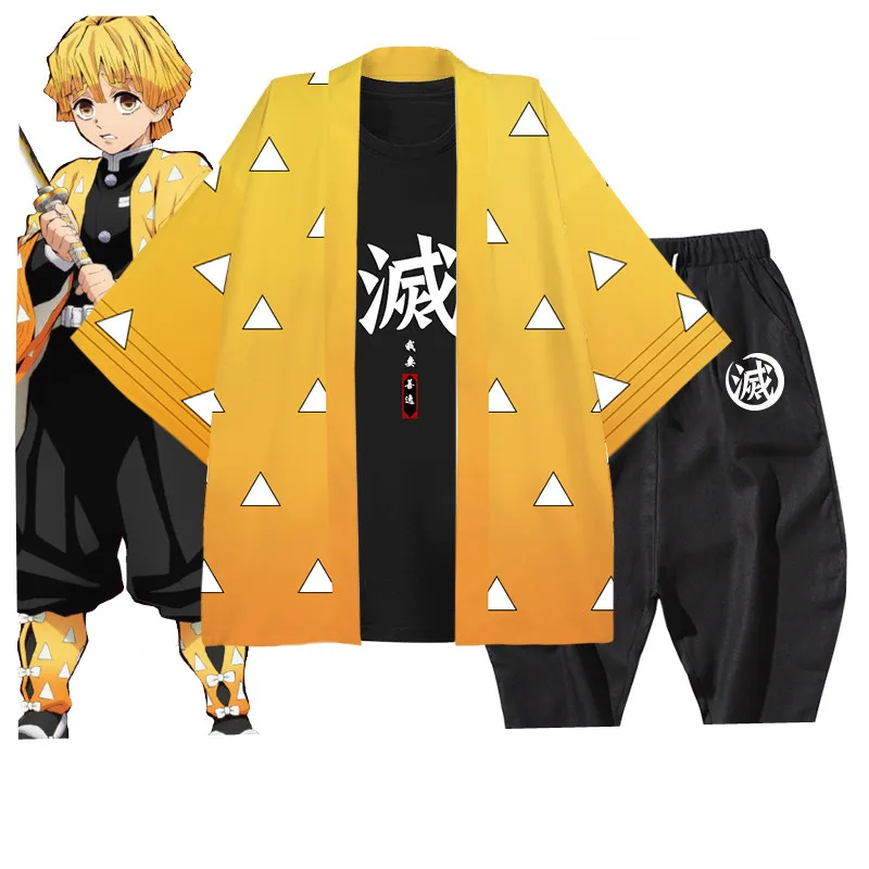 

Anime Demon Slayer: Kimetsu no Yaiba Agatsuma Zenitsu Cosplay Costume S-XXXL Yellow Kimono Jacket Black T-Shirt Pants Cosplay