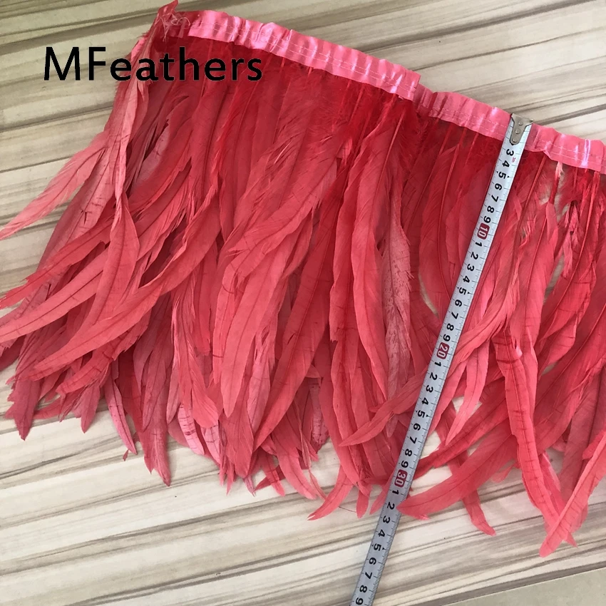 

2 Meters Coral/Water Melon Colour Dyed chicken feather trims 30-35cm 12-14inches rooster tails feather fringes strips wedding