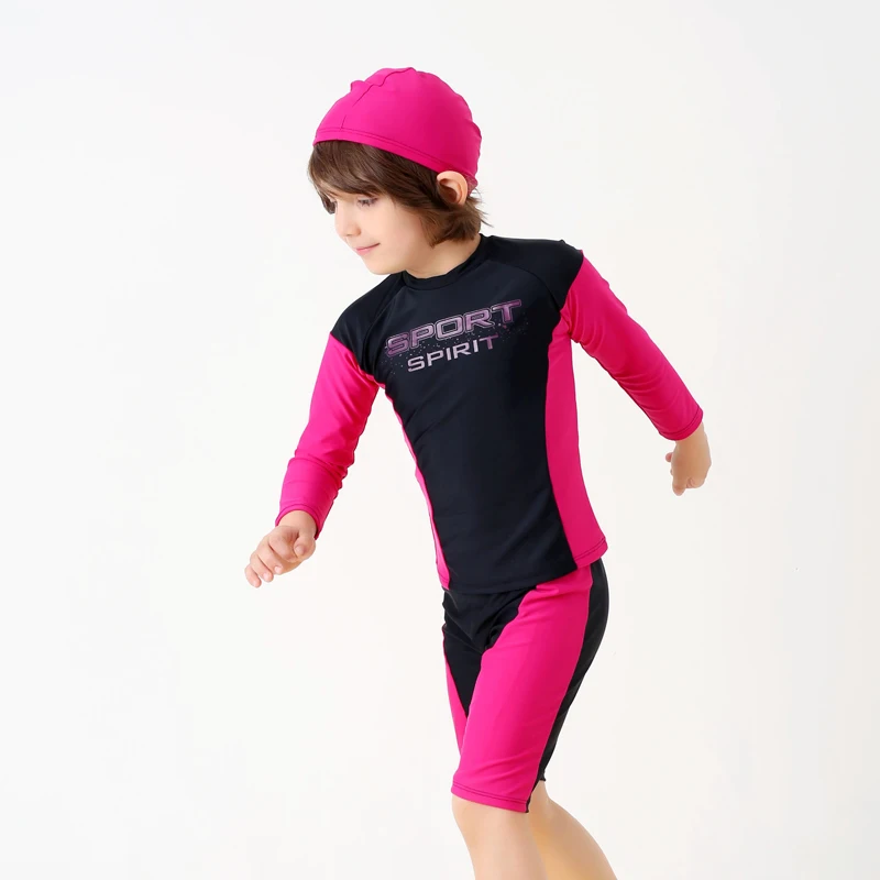 Hot sale boys swimsuit two piece with long sleeve with a cap children