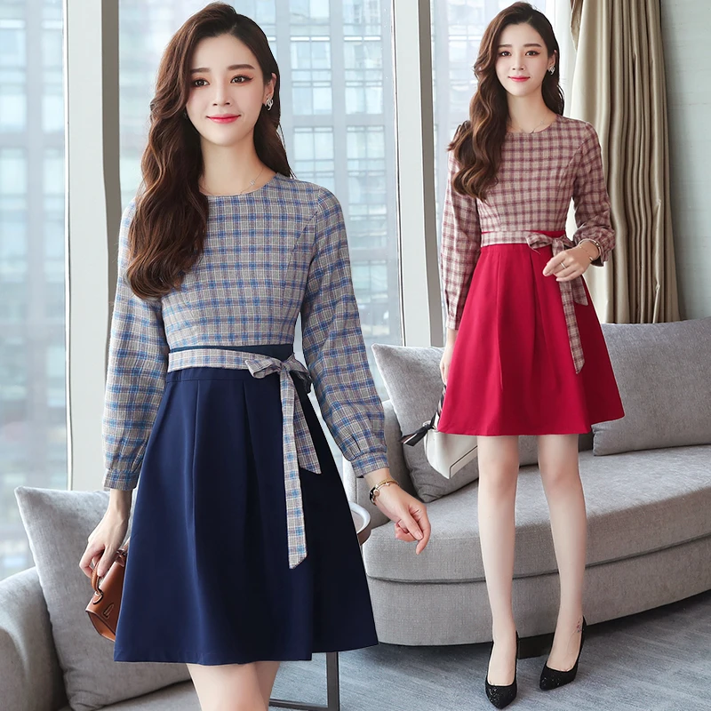 

2019 Autumn Winter New Plus Size Red Plaid Mini Short Dresses Women Elegant Korean Bodycon Beach Dress Party Long Sleeve Vestido