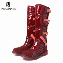 Prova Perfetto; слипоны с пряжкой; сапоги на среднем каблуке из коровьей замши; Лоскутная лакированная кожа; толстая подошва; сапоги до колена в западном стиле