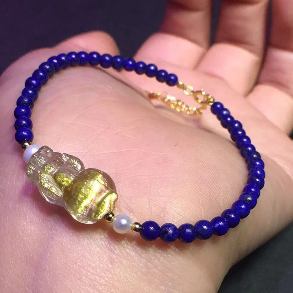 

Natural Gold Rutilated Quartz Crystal Bracelet PiXiu Design Gemstone Healing Gift For Women Men Round Beads Stretch AAAAAA