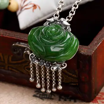 

Vintage Pure Silver With Green Jadeite Carved Rose Flower Pendant