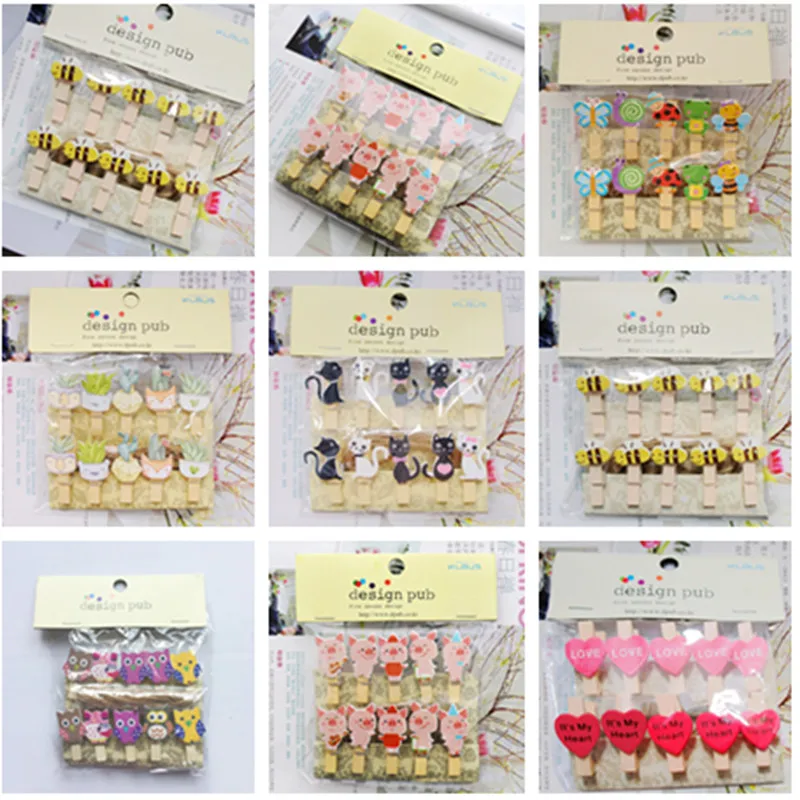 

10pcs/bag Cartoon Wooden Paper Clip Bookmark for Album With Rope Message Stickers Stationery School Office Supply Decor