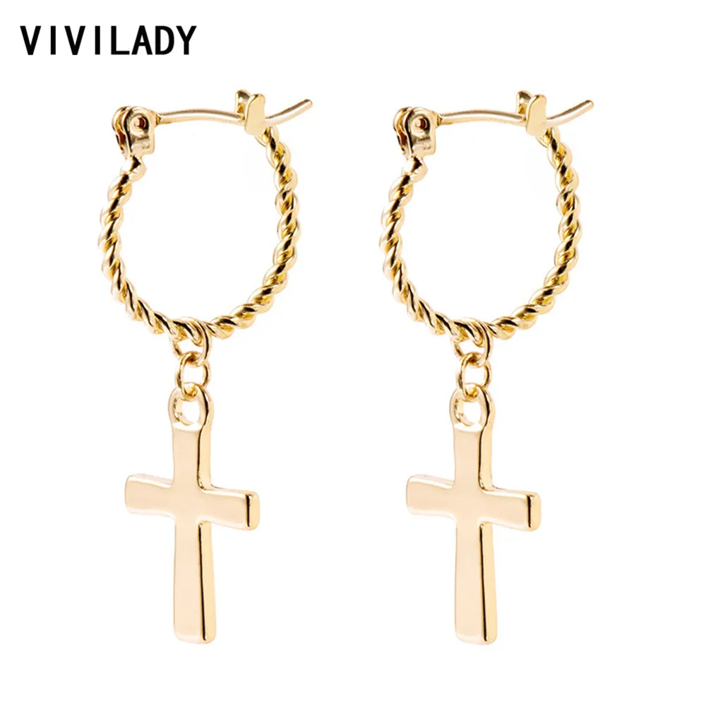 

VIVILADY Creatived Piercing Delicate Women Hoop Earrings Gold Color Cross Pendant Jewelry Accessories For Lady Party Bijoux