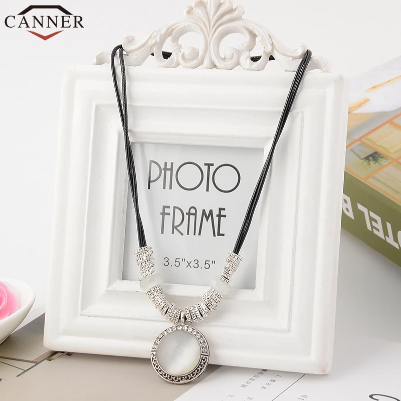 CANNER Vintage Leather Opal Necklace Statement Bohemian Necklace Choker for Women Classic Pendant Necklace Jewelry collares FI