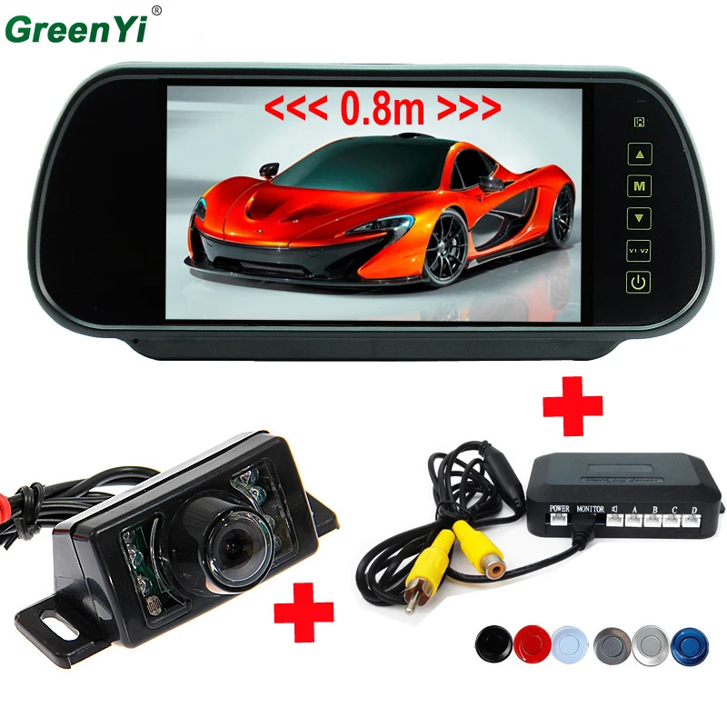 

Car Rear View Mirror Monitor 7'' Vehicle Backup Monitor + 4 Parking Assistance Sensor Reversing Radar + Rearview Reverse Camera