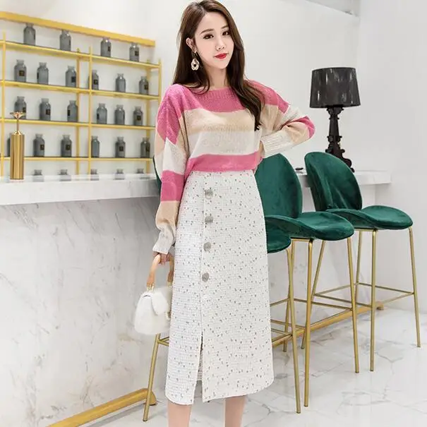 

Small Fragrance Tweed Skirt Fall Winter Single Breasted Sheath Pencil Skirts High Waist Split Bodycon Slim Black Skirt DC505