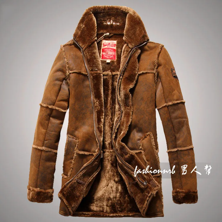 2014 Winter Suede Leather Jacket Men Faux Fur Coat