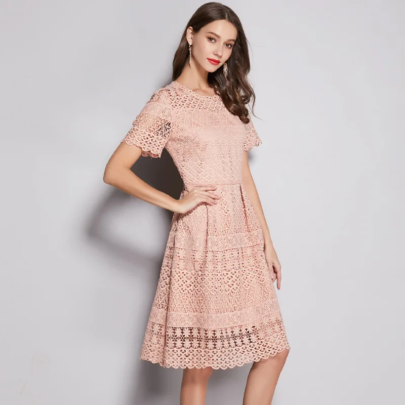 Высокое качество Брендовое летнее платье больших размеров для женщин, тонкое Элегантное повседневное кружевное платье с коротким рукавом, большие розовые платья 4XL 5XL