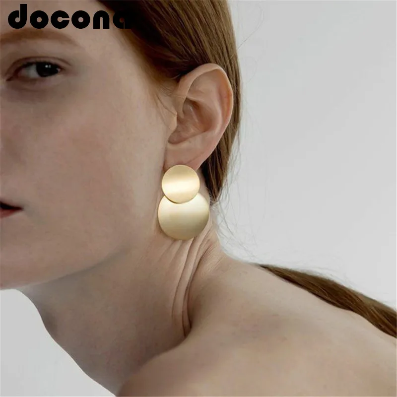

docona Trendy Gold Color Double Round Drop Dangle Earrings for Women Geometric Circle Pendant Earring Jewelry Pendientes 2606