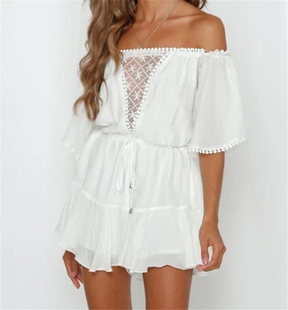 

White Lace Summer Urban Women Off Shoulder Playsuit Shorts Ladies Elegant Backless Ruffle Romper Sexy Shorts Overalls Jumpsuits