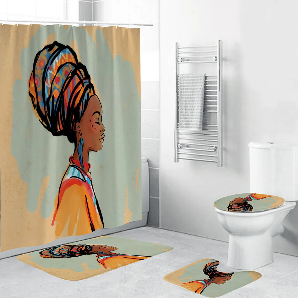 Ouneed 4 шт., африканские девушки, водонепроницаемые занавески для ванной комнаты, набор, противоскользящий 3d принт, туалет, полиэстер, покрытие, коврик, набор, Прямая поставка