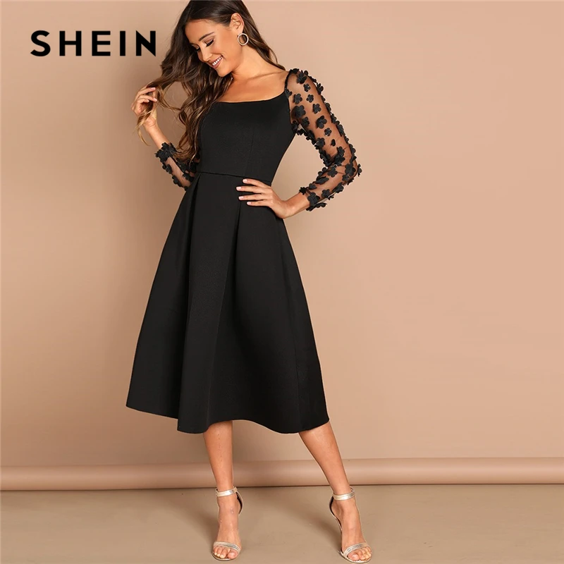 SHEIN Платье Со Складкой И Цветочной Аппликацией На Рукавах Женское Весеннее Элегантное Платье С Длинными Рукавами SHEIN Платье Со Складкой И Цветочной Аппликацией На Рукавах Женское Весеннее Элегантное Платье С Длинными Рукавами