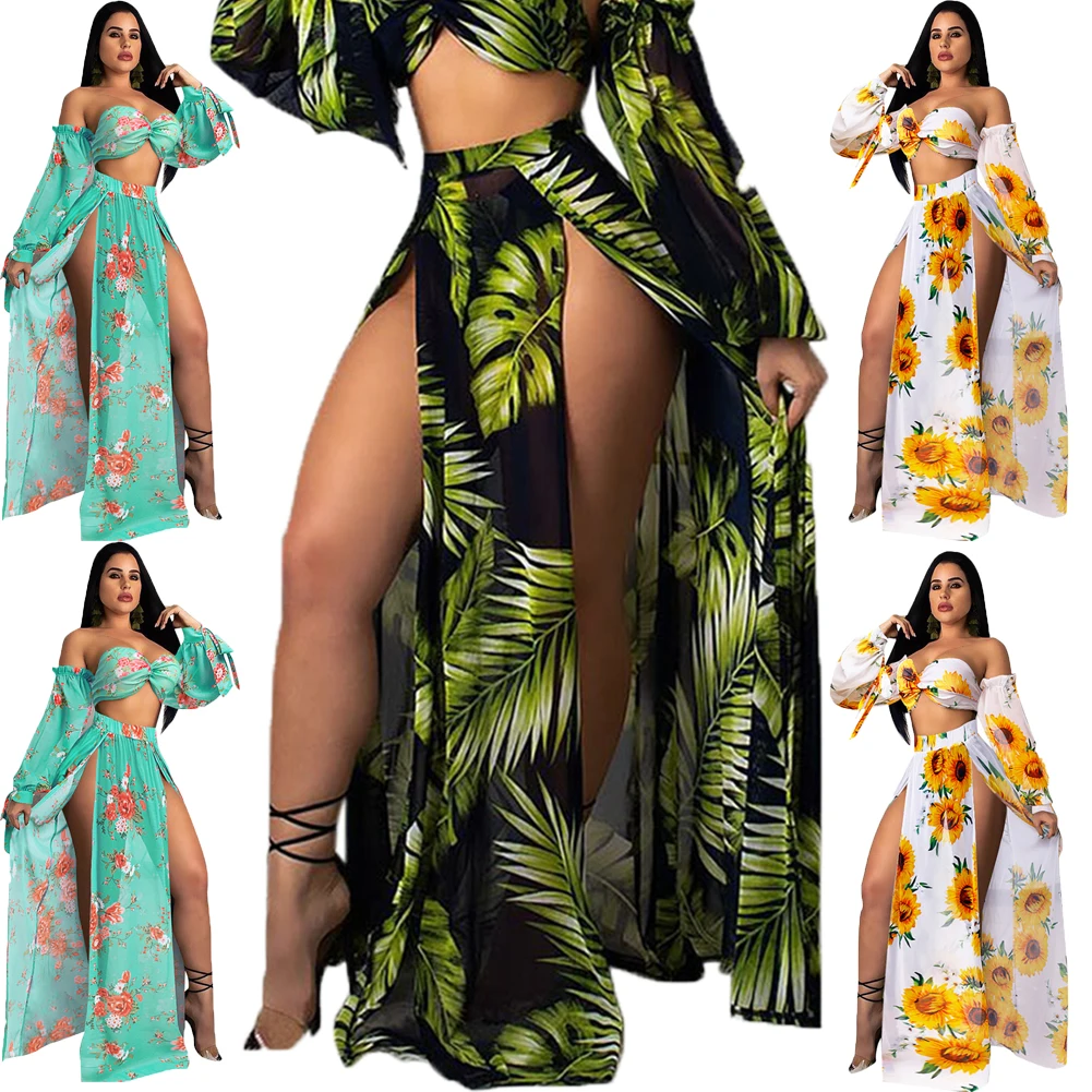 Новое поступление, летний женский сексуальный комплект бикини с цветочным принтом из 4 предметов или пляжные юбки без бретелек, купальник с высокой талией, купальный костюм
