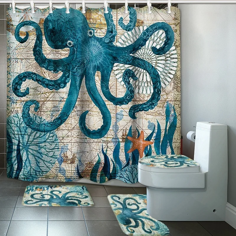 

180*180cm Sea Octopus Waterproof Shower Curtain Bathroom Set 4 Piece Set Pedestal Rug Floor Mat Toilet Cover Set Home Bath Decor