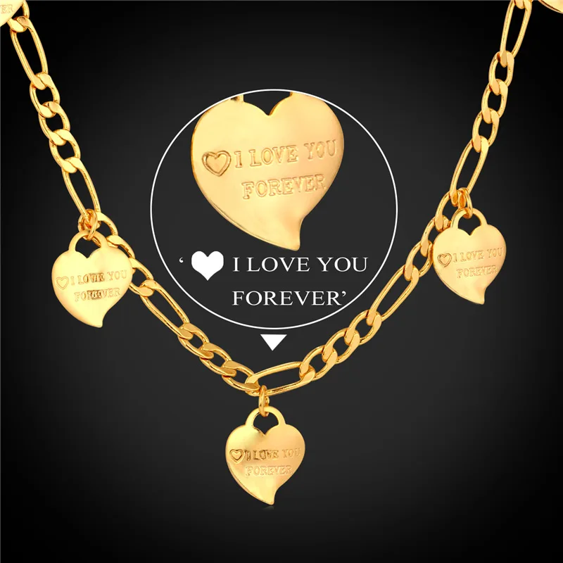 I LOVE YOU Heart Necklace For Women Jewelry Gold Color Figaro Chain