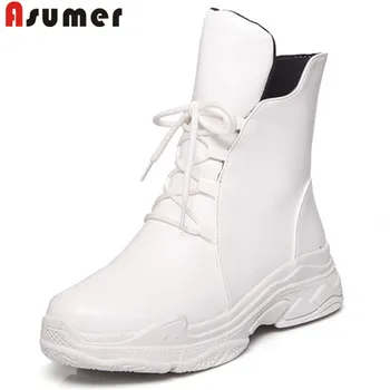 

ASUMER black white fashion autumn winter boots round toe flat platform ankle boots for women lace up ladies boots big size 34-43