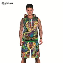 Qybian шорты брюки набор для мужчин лето без рукавов футболка с капюшоном разноцветные обезьянки 3D Толстовка с принтом мода