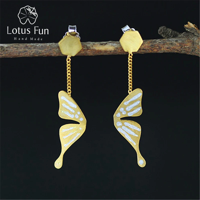 Lotus Fun Real 925 Sterling Silver Natural Creative Handmade Fine Jewelry Fly Butterfly Fashion Drop Earrings for Women Brincos