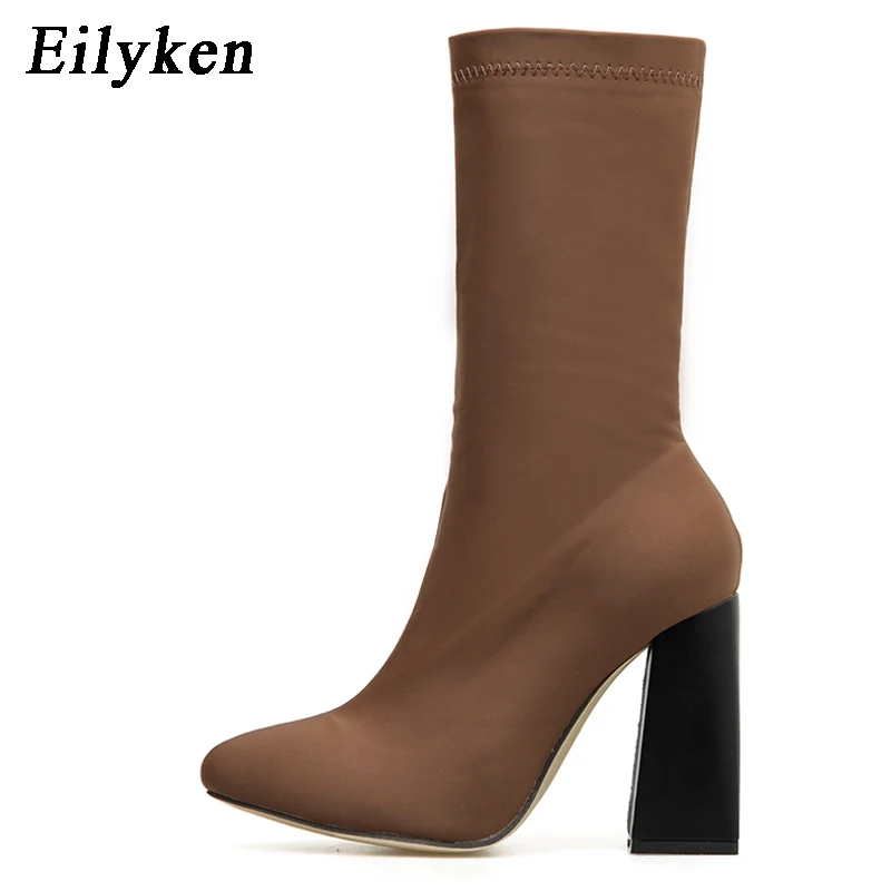 Eilyken/модные коричневые эластичные ботильоны на молнии; растягивающиеся женские осенние ботинки на высоком массивном каблуке; женские туфли-лодочки с острым носком