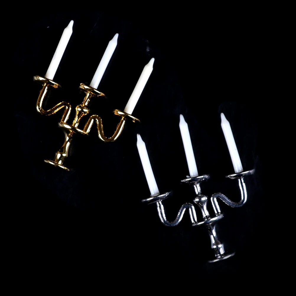 1:12 Scale 1pc 3-arm Miniature Candlesticks Candelabra Dollhouse White Candles Furniture Toy Pretend Play Doll House Accessories