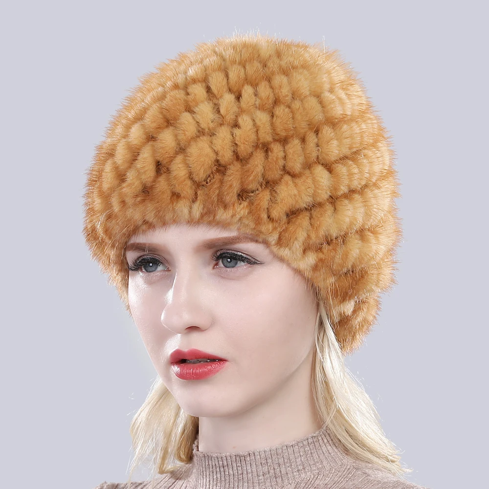 New Winter Lady Natural Mink Fur Beanies Hat Knit Warm Striped Genuine Mink Fur Caps Women Good Elastic Real Mink Fur Hat 6