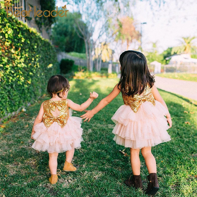 

Bear Leader Girls Dress 2019 New Summer Brand Bow Sequin Dress Girls' Princess Layered Cake Dresses Baby Girls Clothes For 2-6Y