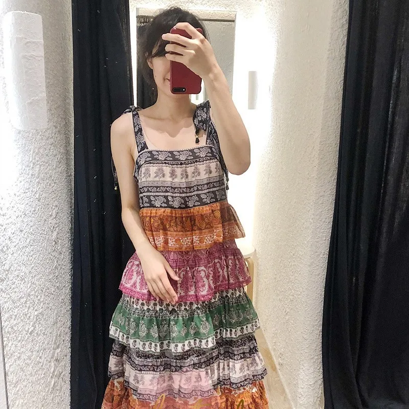 [LIVIVIO] длинное платье с бретельками и рюшами Boho без рукавов женское летнее