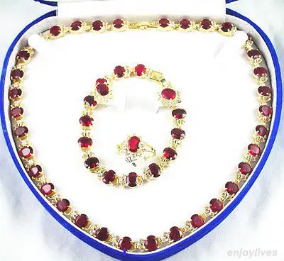 

Free shipping Red Cubic Zirconia Crystal Yellow Gold Plated Ring Earrings Bracelet Necklace set