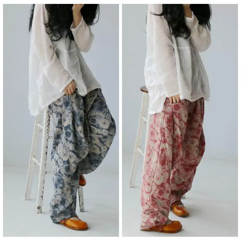 

2018 Spring Summer New Original Casual Elastic Waist Chinese Style Cross pants Wide Leg Hip Hop Loose Linen Pants Women Trousers