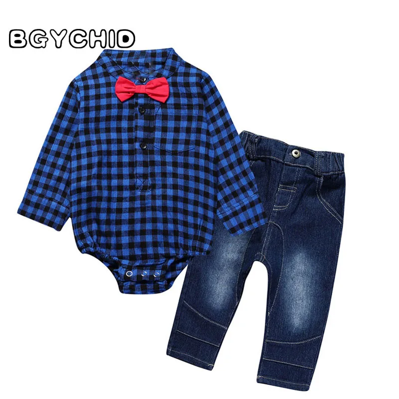 Newborn Baby Boys Clothing Sets 2pcs Plaid Cotton Bodysuit+ Denim Pants + Bow Infant Baby Boy