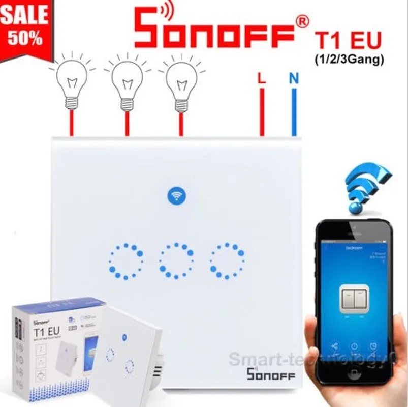 Интеллектуальный выключатель света Sonoff T1 RF ЕС переключатель Wi-Fi, Смарт настенный выключатель, сенсорный выключатель света 1 Gang 2 Gang Дистанционное контроллер для умного дома с RF433 Функция